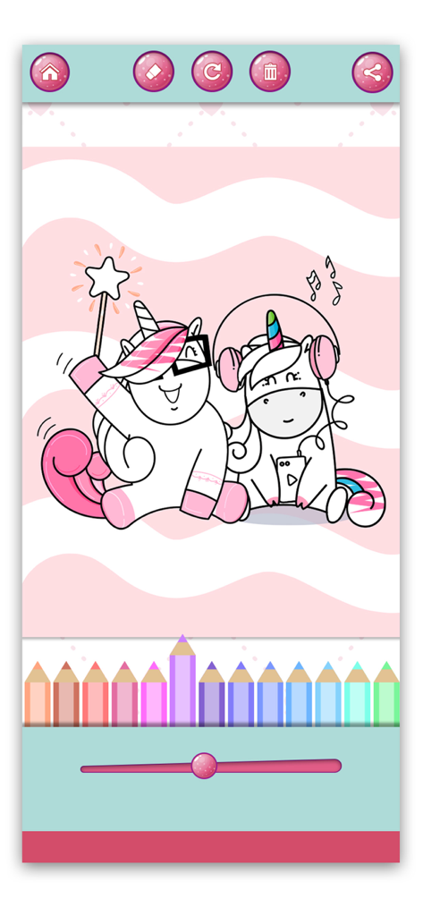 Digital coloring book page featuring two cute cartoon unicorns with a palette of colored pencils below
