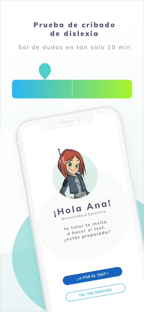 Dytective para la dislexia - Écran d'accueil du test de dépistage de la dyslexie dans l'application Dytective avec un avatar de personnage de dessin animé