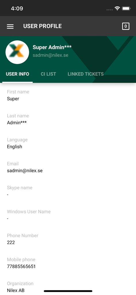 Nilex Service Platform - Nilex Service Platform mobile app user profile page showing technician contact information and organization details.
