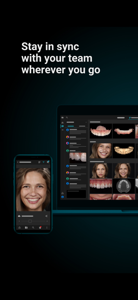 Smilecloud app interface on mobile and desktop showing dental team collaboration and case syncing