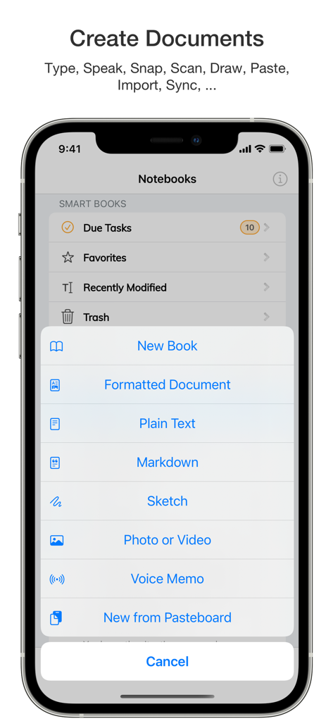 iPhone screen showing the creation menu in the Notebooks app with options for new books, formatted documents, and markdown files