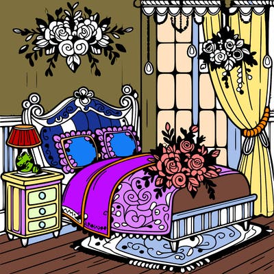 a beautiful room with flowers on the bed