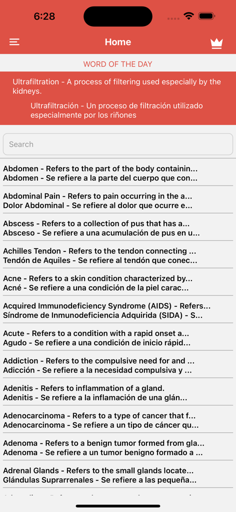 Pantalla de inicio de la aplicación Términos Médicos en Español que muestra una lista de definiciones médicas bilingües