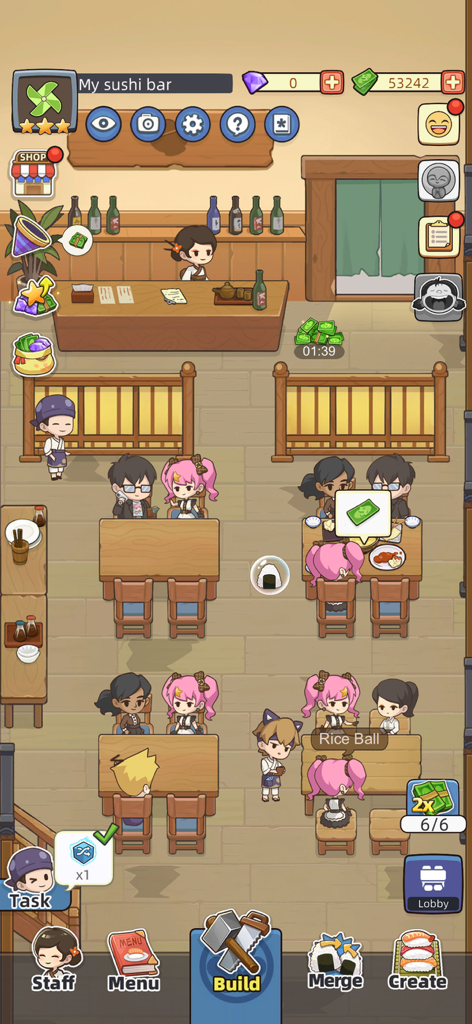 Gameplay screenshot of My Sushi Story showing cute cartoon characters dining in a cozy Japanese restaurant