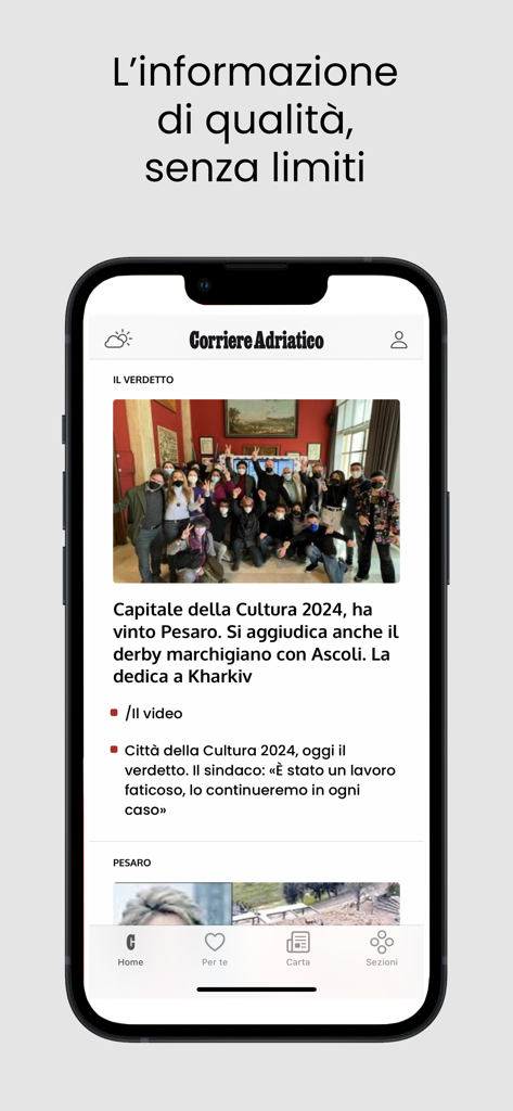 App Corriere Adriatico Mobile che mostra notizie locali dalla regione Marche su un iPhone.