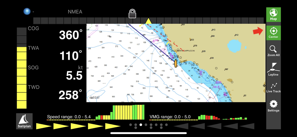 Tactical navigation screen of iRegatta Pro app showing marine map and boat performance data