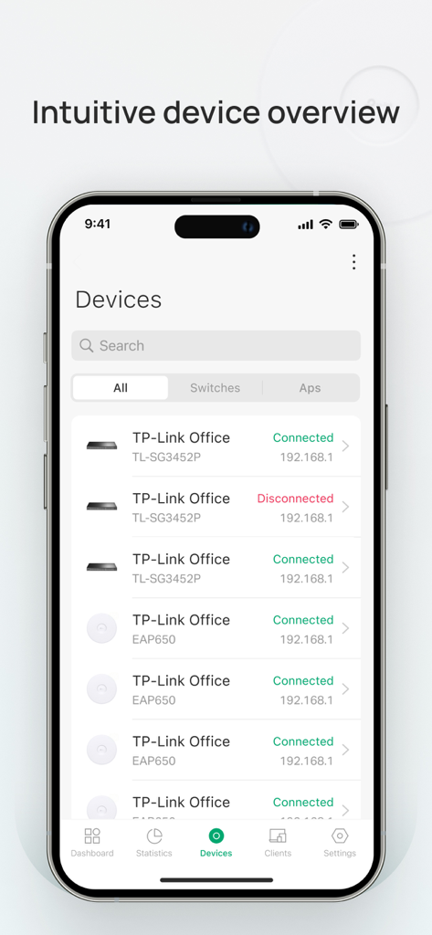 TP-Link Omada-App-Bildschirm zeigt eine Liste verbundener und getrennter Netzwerkgeräte, einschließlich Switches und Access Points