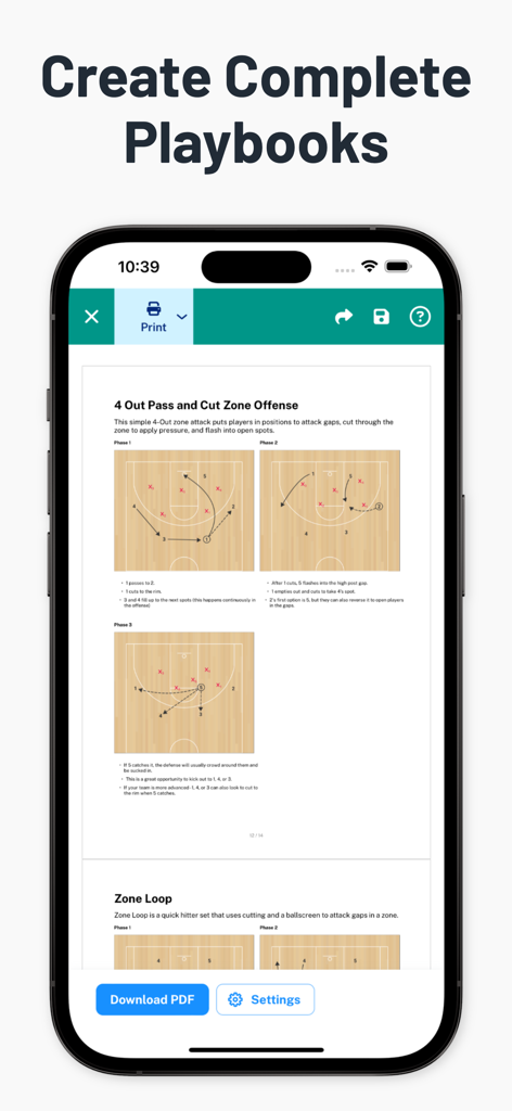 Un'interfaccia mobile dell'app The Hoops Geek che mostra un playbook di pallacanestro con strategie offensive pronte per l'esportazione in PDF