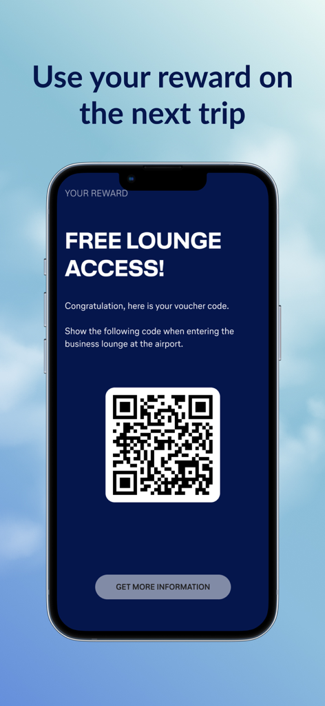 Uptrip app screen showing a free airport lounge access voucher with a QR code