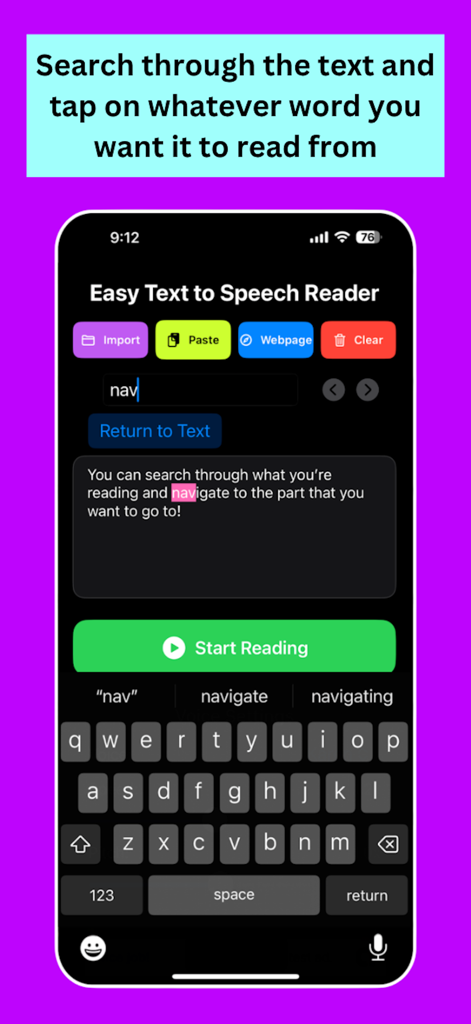 Easy Text to Speech Reader Pro - Teléfono inteligente que muestra la interfaz de búsqueda de texto y navegación de palabras en la aplicación Lector Fácil de Texto a Voz Pro