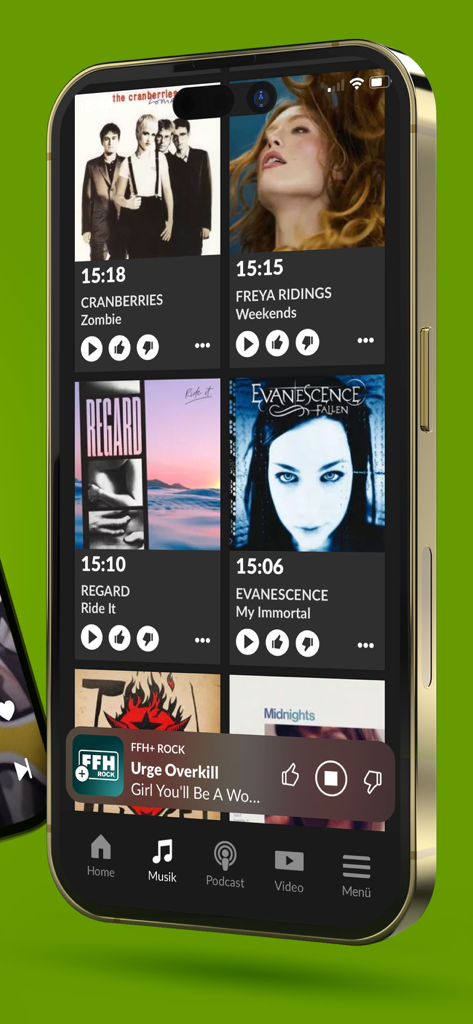 Hit Radio FFH app music section with song history and playback controls
