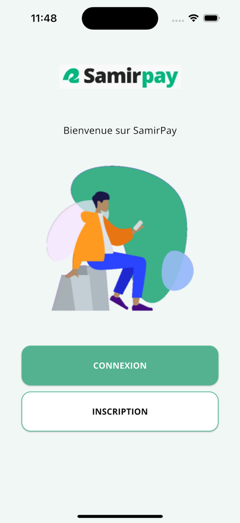 Samir Moneyアプリのウェルカム画面。ログインとサインアップボタンが表示されている