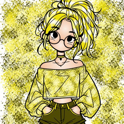 girl with a messy ponytail glasses a baggy crop top and jean shorts