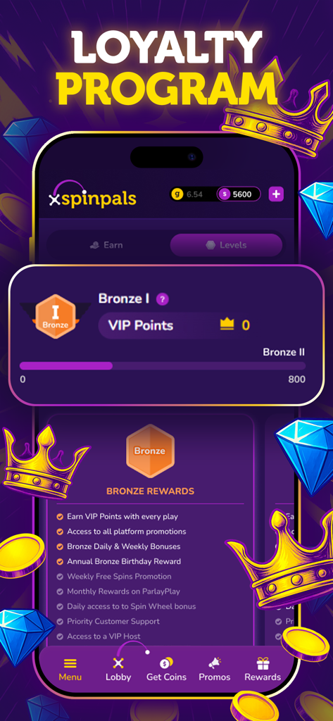 SpinPals Slots loyalty program screen displaying Bronze tier VIP rewards and daily bonuses.