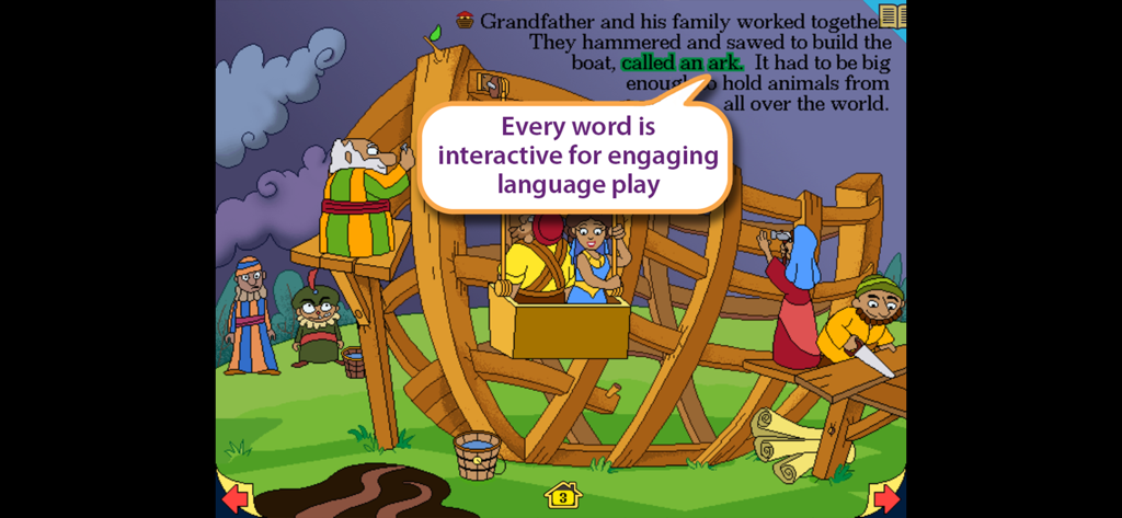 Animated scene of Noah and family building the ark with interactive text for language learning