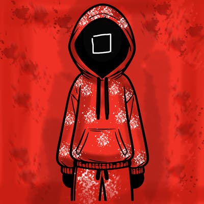 faceless girl in a tracksuit with a hood on and no hair