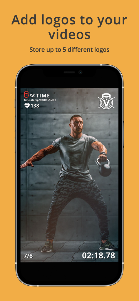 WeTime - Fitness Video Timer - Un video de entrenamiento de fitness con una superposición de logotipo personalizado y un cronómetro digital en la interfaz de la aplicación WeTime.