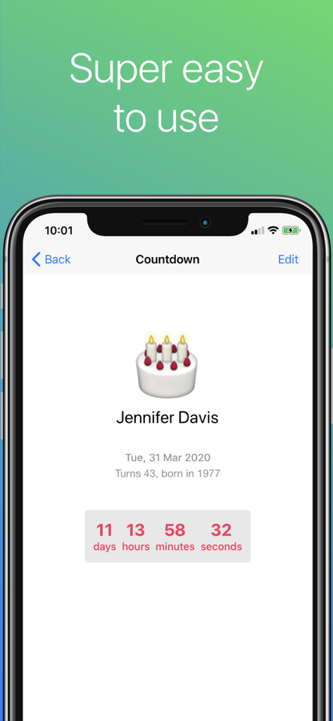 Birthday Countdown app screen showing a countdown timer for an upcoming birthday celebration with a cake emoji