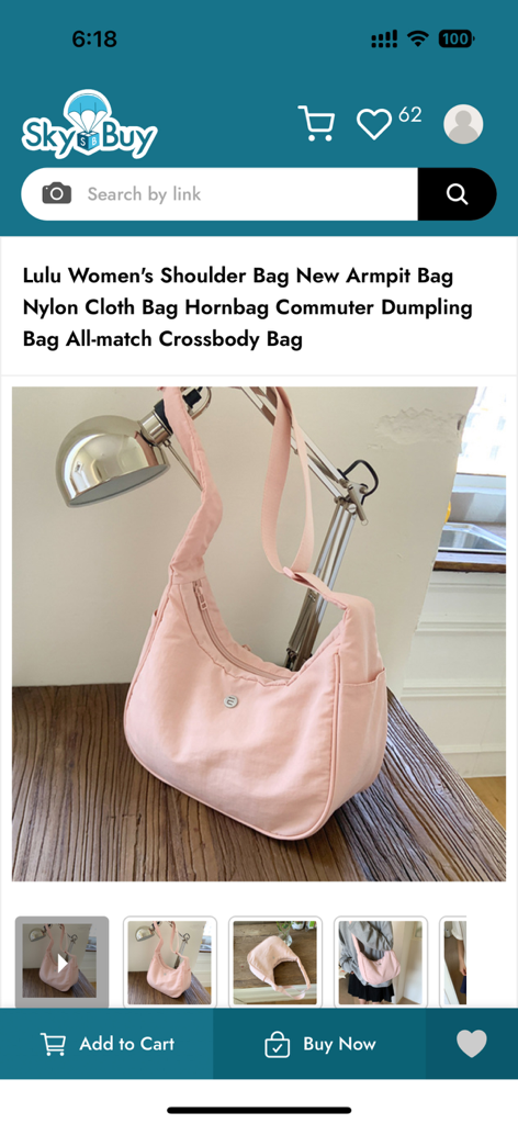 SkyBuy - Wholesale Marketplace - SkyBuy app product screen showing a pink nylon shoulder bag with add to cart and buy now buttons