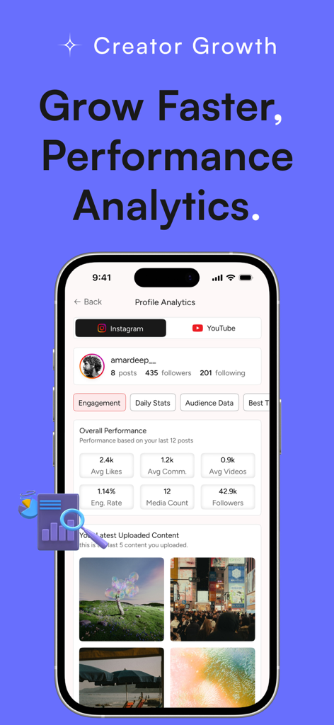 Viral Pitch - Painel do aplicativo Viral Pitch mostrando análises de desempenho de perfil para influenciadores do Instagram e YouTube