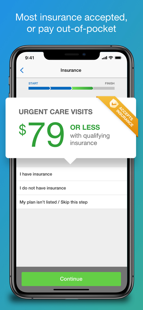 Amwell: Doctor Visits 24/7 - Amwell app screen showing insurance options and urgent care visit pricing for 79 dollars or less