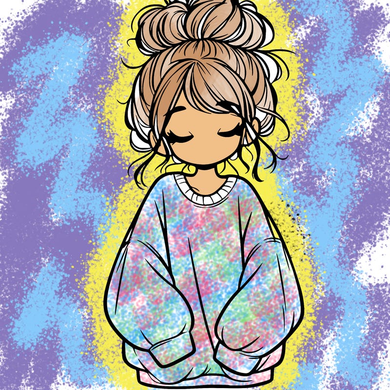 girl with baggy sweatshirt and messy bun
