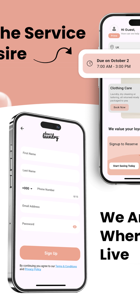 Love2Laundry: Pickup & Clean - Love2Laundry mobile app interface showing the sign up screen and service dashboard for laundry and dry cleaning