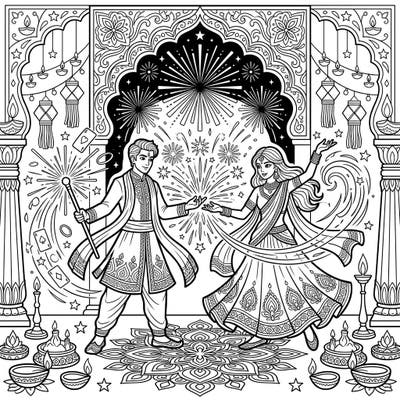 Step into a world where magic meets tradition with our Illusionists at Diwali coloring page. This intricate design captures the joy and wonder of the festival of lights, ready for your creative touch.