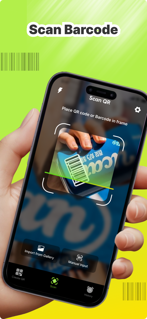 QR Scan & Smart Code Reader - Interface do aplicativo móvel para digitalizar códigos de barras de produtos