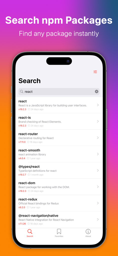 Search interface of the npm Registry app showing a list of React related packages on an iPhone screen