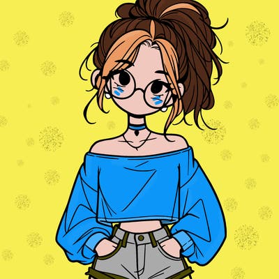 girl with a messy ponytail glasses a baggy crop top and jean shorts