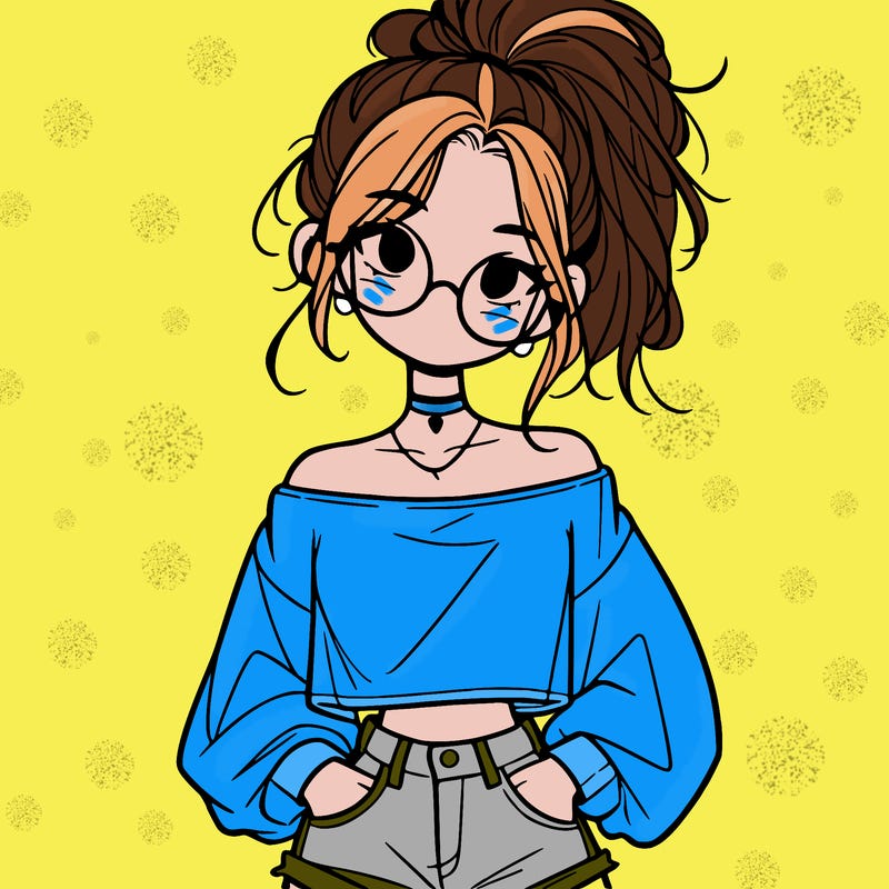 girl with a messy ponytail glasses a baggy crop top and jean shorts