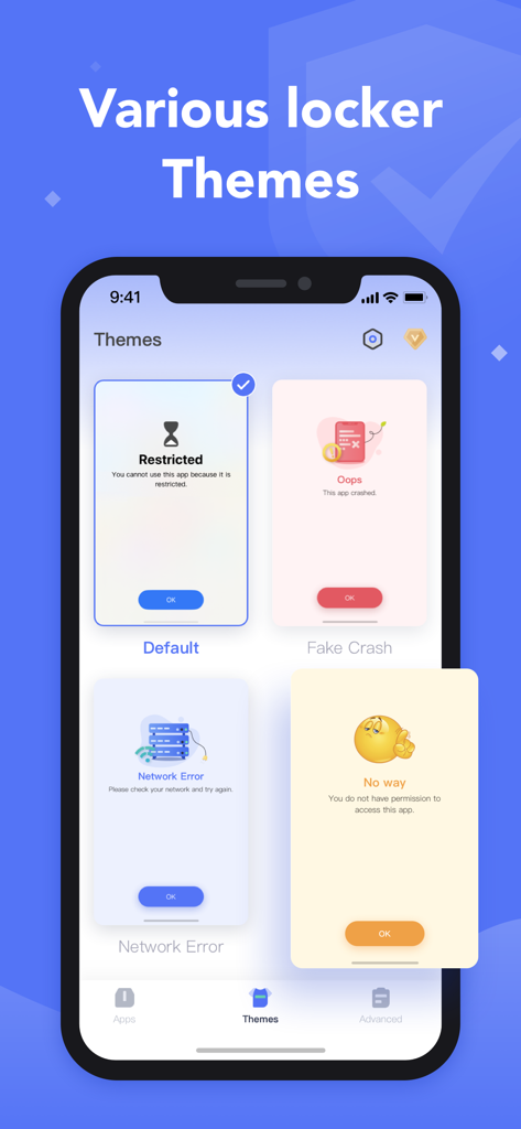 App Lock, Blocker & Controller - Selección de varios temas de bloqueo para la aplicación App Lock and Blocker, incluyendo opciones de bloqueo de errores y errores de red