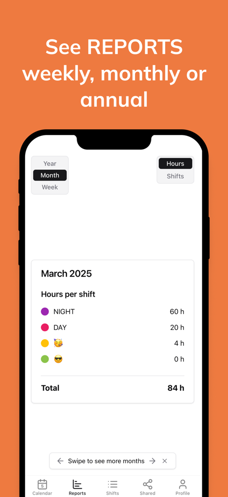 Shifts Calendar (Shifty) - Shifty app reports screen showing monthly work hours summary for different shifts