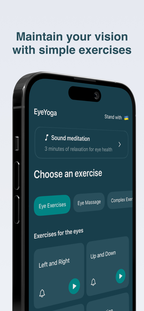 Smartphone-Display zeigt die EyeYoga-App mit Optionen für Augenübungen und Meditation