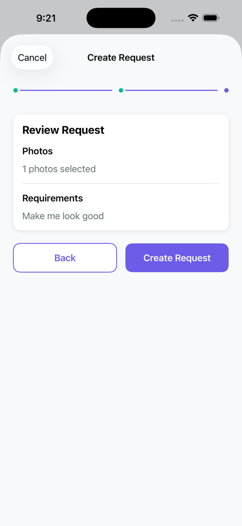 Un écran d'application mobile pour examiner une demande de retouche photo, y compris les exigences et un bouton de création de demande.