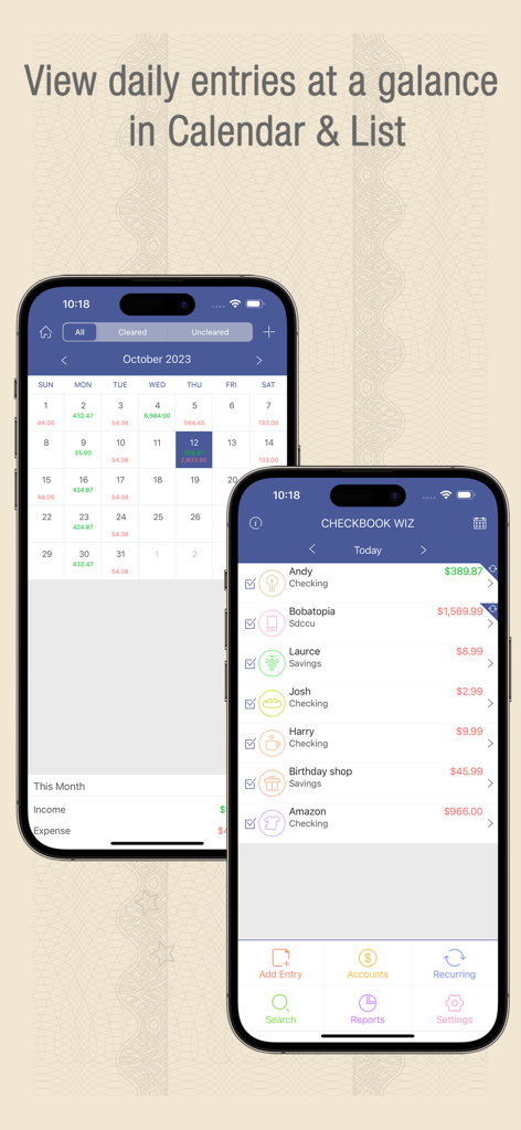 Checkbook Wiz app interface showing a monthly calendar and a detailed list of daily transactions