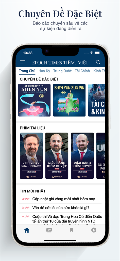 Schermata principale dell'app di notizie Epoch Times Tiếng Việt che mostra report speciali e video documentari.