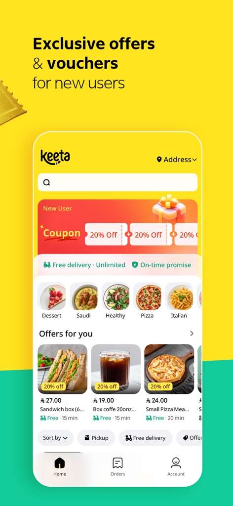 Keeta - Food Delivery - Keeta food delivery app home screen displaying exclusive vouchers and food deals for new users