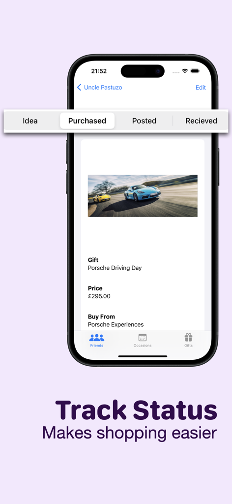 Gifting Planner - Tela do aplicativo Planejador de Presentes mostrando um presente comprado para o Tio Pastuzo com abas de rastreamento de status como Ideia e Enviado