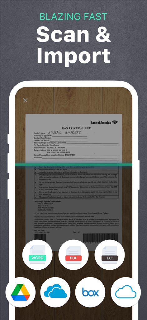 Smartphone scanning a paper document to fax with cloud import options.