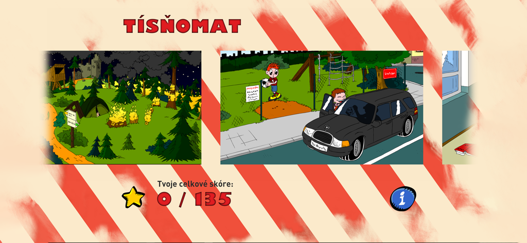 Tísňomat - nácvik volání - Menú principal de la aplicación Tisnomat que muestra escenarios de emergencia y la puntuación del usuario