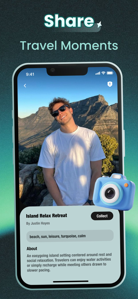 Voya - Share Your Journey - Interface de l'application Voya pour partager des moments de voyage avec des photos et des conseils de localisation