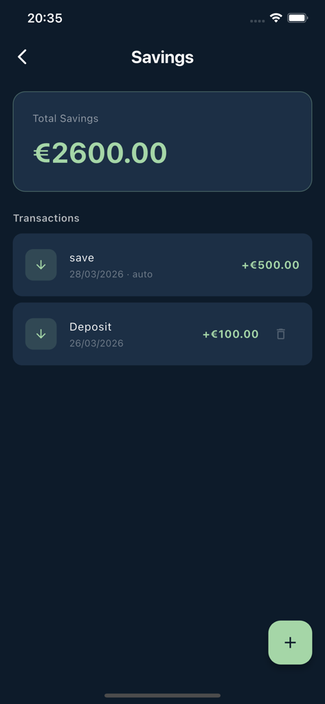 My Budget & Savings Tracker - Pantalla de resumen de ahorros que muestra un saldo total de 2600 euros y una lista de transacciones recientes