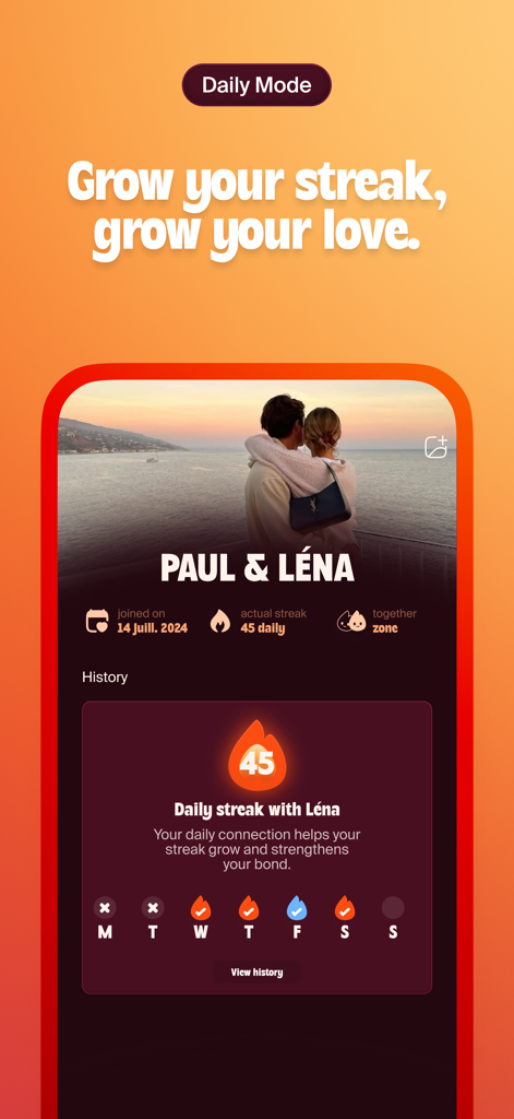 Cray Cray - Couple Game - Interface of the Cray Cray app showing a 45-day daily connection streak for a couple named Paul and Lena.