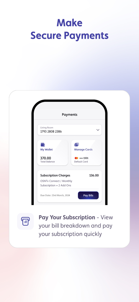 myOSNtv mobile app showing secure payment options wallet balance and monthly subscription bill breakdown