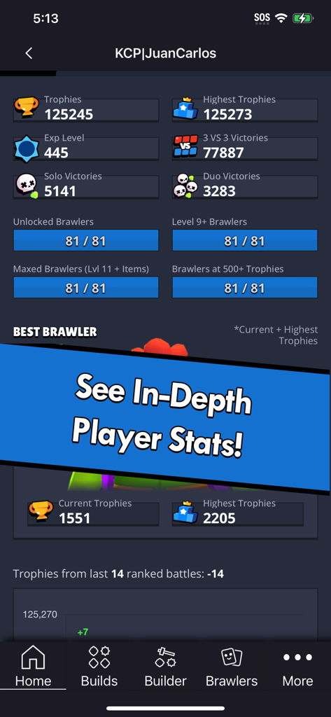 Build Stars for Brawl Stars - Pantalla de estadísticas del jugador de Brawl Stars que muestra trofeos, victorias y progresión de brawlers en la aplicación Build Stars