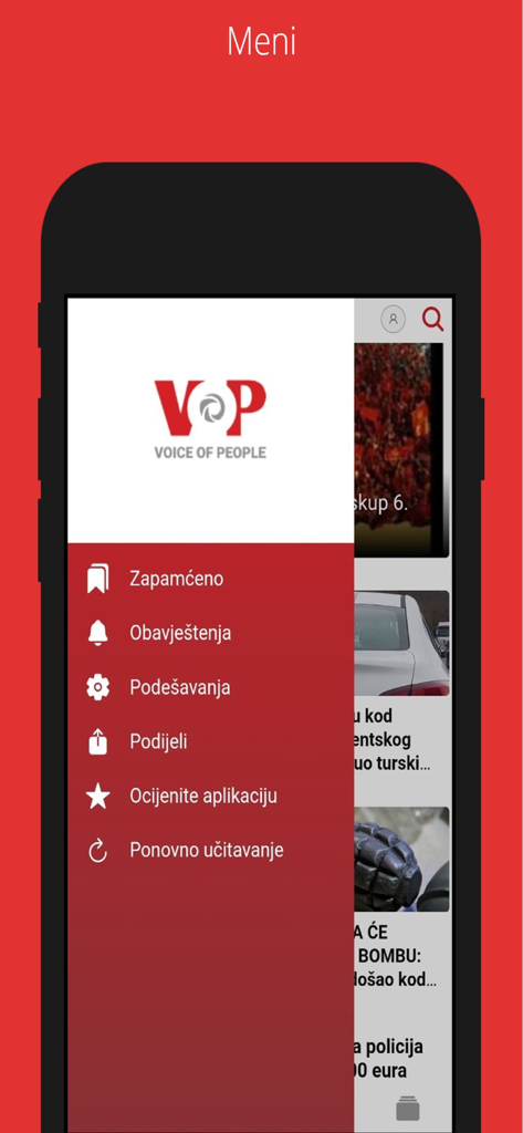 Side navigation menu of the VOP Voice of People news app showing settings and notification options.