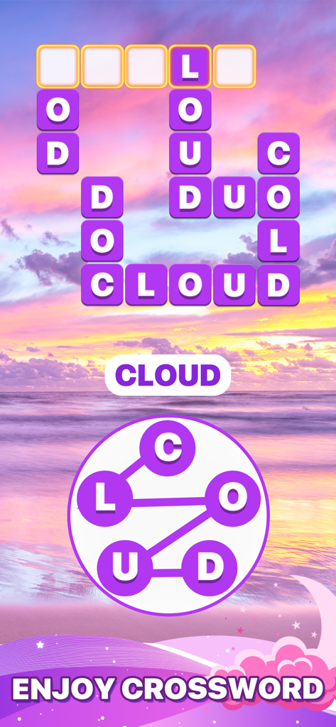 Word Crossy - A Crossword game - Captura de pantalla del juego móvil Word Crossy que muestra un crucigrama con un sereno fondo de playa al atardecer.