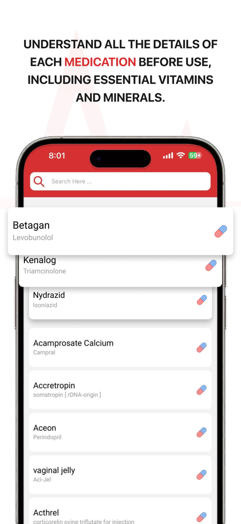 Blood Sugar Monitor: MediTrust - MediTrust-App-Bildschirm, der eine Liste durchsuchbarer Medikamente anzeigt, darunter Betagan und Kenalog